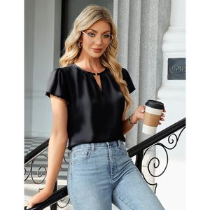 Chemisier élégant en satin pour femme, col en V, manches courtes, haut de travail anti-plis, noir, taille L - Product Image 3