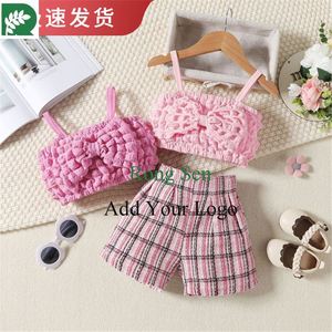 Verano otoño niñas conjuntos de ropa bebé niñas <span class=keywords><strong>Bos</strong></span> Sling Tops pantalones cortos conjunto de ropa a cuadros - Product Image 5