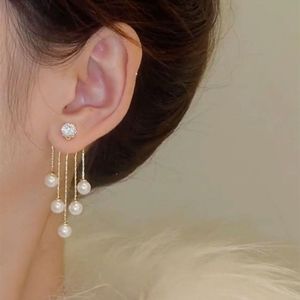 Boucles d'oreilles élégantes et exquises à pampilles de perles, boucles d'oreilles de luxe en or et zircon, boucles d'oreilles pendantes en strass et diamants, accessoires pour femmes - Product Image 2