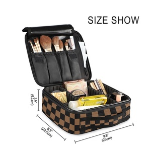 Brown/Black Checkered Professional <b>Makeup</b> Artist Holder Cosmetic <b>Box</b> Organizer <b>Makeup</b> Travel Case with Adjustable Dividers - Product Image 2