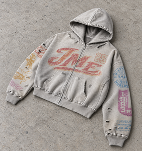 hongguan Streetwear Customized <b>Vintage</b> Street Wear Loose Fit Studded Letter Sleeve Print Men's Distressed Zip Up <b>Sweatshirt</b> - Product Image 1