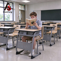 Ensemble de bureau et chaise d'école avec plateau en MDF, structure ovale en acier, compartiment sous le bureau, dossier en contreplaqué, mobilier de classe
