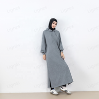 Abaya à capuche grise Lignes Muslim pour femme musulmane, robe longue de sport modeste avec fente latérale, tenue islamique décontractée