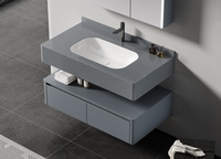 Meuble de salle de bain moderne avec miroir LED en contreplaqué gris, vasque, miroir de maquillage, organisateur de lavabo, meuble sous-vasque en pierre, mural