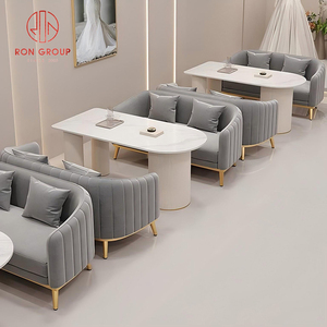 ชุดเฟอร์นิเจอร์ร้านอาหารทันสมัยบูธโซฟากำมะหยี่สีเทาพร้อมโต๊ะกลมหินอ่อนและขาโลหะสีทองสำหรับ<span class=keywords><strong>คาเฟ่</strong></span> - Product Image 5