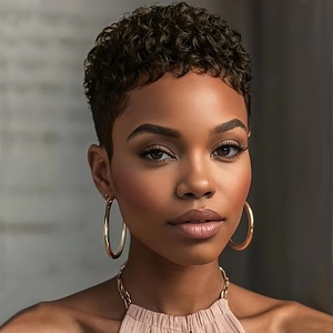 Perruque Courte Bouclée Noire pour Femmes Africaines, en Fibre Haute Température, Faite à la Machine, Sans Dentelle, avec Filet Rose - Product Image 6