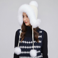 Gorros de lana de invierno de piel de mapache y zorro, Pompón, gorro con solapa para la oreja, forro polar, Bomber, cazador de Ushanka, gorro de esquí para nieve