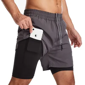 Fabbricazione Su Misura tessuti 2 in 1 Bodybuilding Shorts con Tasca Interna Porta Asciugamani Palestra in Esecuzione Mens Pantaloncini Da Ginnastica