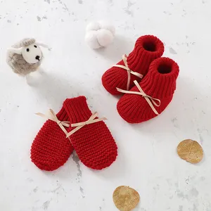 Cute Infant Baby Boots Bowknot Design Solid Color Knitted Baby Shoes Baby Mittens 2Pcs Set