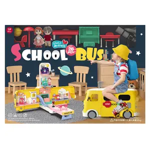 Terbaru 2 IN 1 anak-anak naik mainan bus set dengan diy rumah boneka kit 26pcs playhouse mini mainan untuk rumah boneka