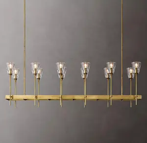 Hiện đại Brass tuyến tính Glass Shade LED Chandelier Mặt dây chuyền đèn cho phòng ăn