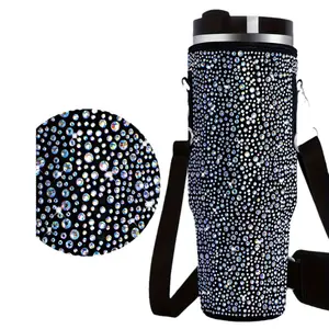 Ins bling rhinestone detachable insulated cup holder water bottle sling carrier bags sleeve 40 oz tumbler cup bag with strap
