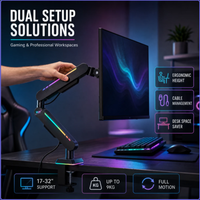 Support d'écran d'ordinateur avec lumière RGB, bras simple, fixation par pince de bureau, hauteur réglable, mouvement complet, rotation à 360°, pour écrans de 17 à 32 pouces