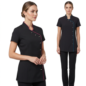 Women Black <b>Scrub</b> Tops With Pink And <b>Blue</b> Trim Button Front Medical Uniforms For Spa Salon Massage Esthetician Workwear - Product Image 1
