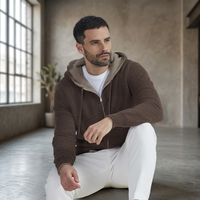Sweat à capuche d'hiver marron uni de haute qualité pour homme, entièrement zippé, en 100 % fil de cachemire éco-responsable, tricoté, teint en fil, anti-boulochage, ODM