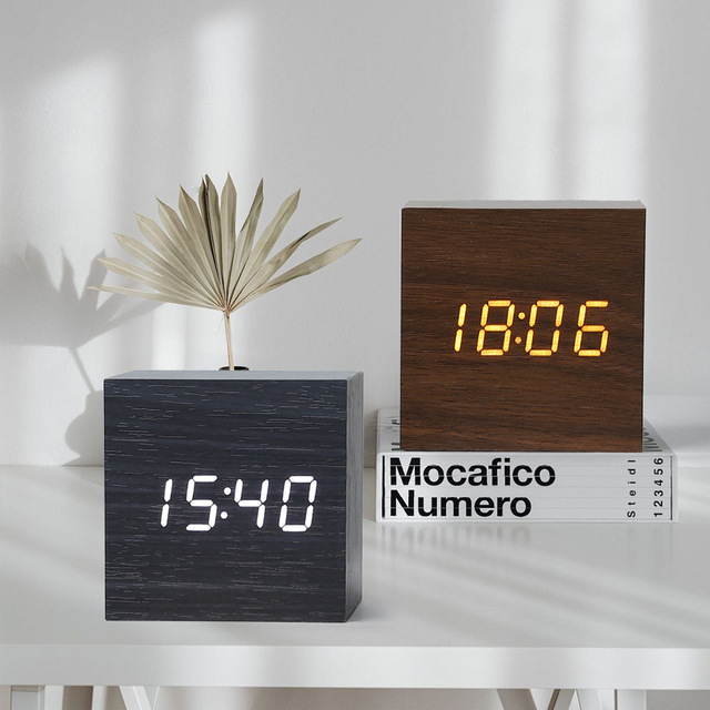 Smart Wooden Desk Small Square Electronic Digital LED Alarm Clock with Calendar Voice Control Table Stand Clock for Home Bedroom