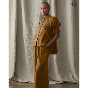 Damen Leinenkleidung elegant modisch Laterne Kurzarm-Leinhemd lockere Hosen 2024 Neues Stilanzug Leinenkleidung
