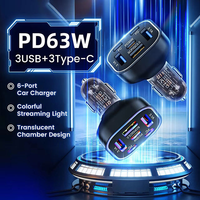 Chargeur USB pour voiture électrique 63W, 6 ports, charge rapide, Type-C PD30W QC3.0, adaptateur pliable avec lumière respirante