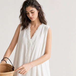 Muguyu Abito midi lungo a trapezio in 100% lino vintage senza maniche con scollo a V in <span class=keywords><strong>pizzo</strong></span> e motivo floreale 260604014 - Product Image 2