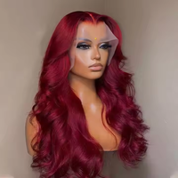 Perruque frontale HD complète en dentelle, sans colle, cheveux indiens vierges, couleur bordeaux, double densité 180%, longue, avec baby hair