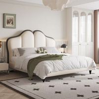 Lit double inclinable réglable en cuir crème, style Mid-century Modern, luxe léger haut de gamme, pour mariage, en bois massif, avec rangement et rembourrage