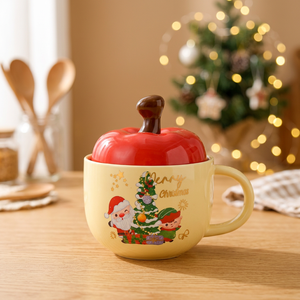 Festive Apple Shaped 400ml Ceramic Christmas Mug with Santa & Elf Design Party Coffee <b>Cup</b> with Lid for Cold & Hot Drinks - Product Image 3