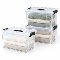 Organisateur de placard pour la maison, boîte de rangement en plastique transparent 43L, empilable, avec couvercle et poignée noire, pour serviettes et linge