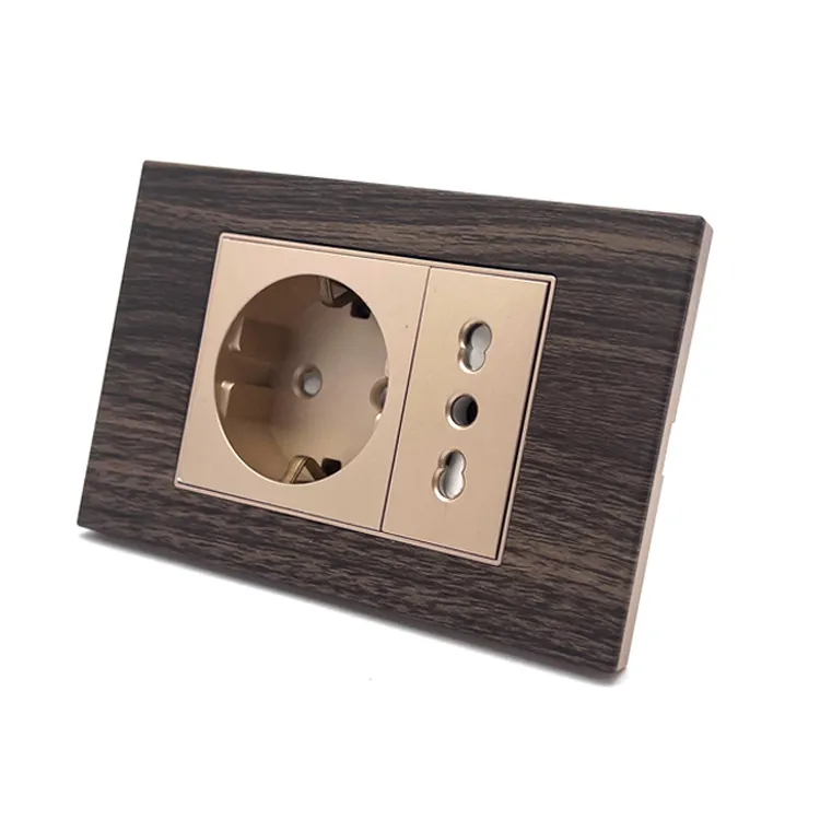 Luxe Type Aluminium Geborsteld Houtnerf 1 Duitse Socket & 1 Italiaans Elektrisch Stopcontact