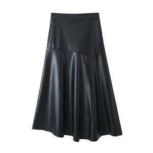 Autumn Fashion Hot Sale Women's Casual <b>Long</b> <b>Leather</b> <b>Skirt</b> <b>Black</b> PU Material Zipper Fly Decorative Slit Print Natural Waistline - Product Image 1