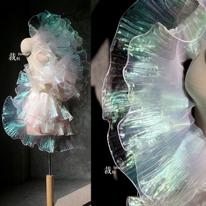 <span class=keywords><strong>Tissu</strong></span> de conception pour robe de mariée et robe d'enfant, <span class=keywords><strong>blanc</strong></span>, transparent, à bords volantés, à dentelle large, <span class=keywords><strong>plissé</strong></span> tridimensionnel, effet vague et effet de transparence - Product Image 2