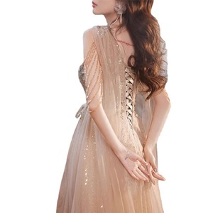 Champagne Starlight Tassel Evening Dress V-Neck Empire Waist Long Gown For Coming Of Age Ceremony Women Hostess Dress - Product Image 5