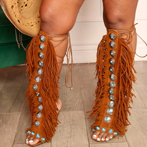 <strong>2026</strong> Tassel <strong>Shoes</strong> Summer Genuine Leather High Top Outdoor High Heel Open Toe Women's Western Denim Bohemian Women <strong>Sandals</strong> - Product Image 2