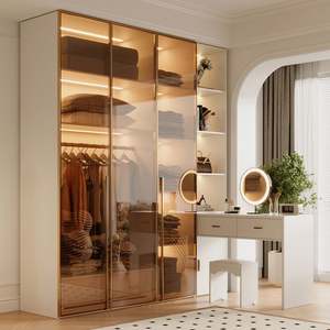 Modern Luxury Wooden Glass Door <b>Wardrobe</b> Folding <b>Hanging</b> Rod Shelves Drawers Eco-Friendly Space Saving Storage Solution Villa - Product Image 3
