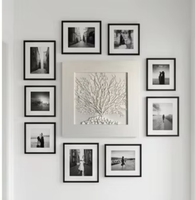 Peinture 3D en grès faite à la main, art mural en relief d'arbre blanc avec base en galets, cadre en boîte à ombre, décoration intérieure