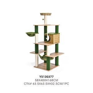 En gros Arbre à chat 168 cm multi-niveaux en bois avec niche en osier, poteaux à gratter en sisal et hamac en peluche OEM ODM - Product Image 1