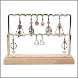 Metal Earring <b>Display</b> Rack Multi Tiered Jewelry <b>Stand</b> For Earrings And Accessories Wood Base Gold Finish - Product Image 1