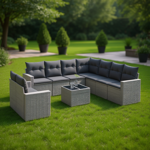 Ensemble de salon de jardin en rotin gris 6 places, mobilier d'extérieur contemporain avec structure en acier et table en verre trempé - Product Image 2
