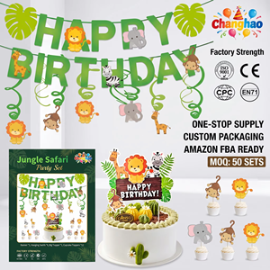 Lot de Décorations d'<span class=keywords><strong>Anniversaire</strong></span> Thème Safari <span class=keywords><strong>Jungle</strong></span> en Gros : Bannière Joyeux <span class=keywords><strong>Anniversaire</strong></span>, Spirales et Décorations de Gâteau pour Fêtes d'Enfants - Product Image 1