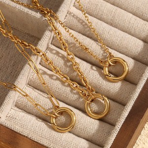 Wholesale Fashion Matte Stainless Steel Round Push Buckle 18k Gold Plated Pendant <b>Necklace</b> Jewelry for Women's Party Gift - Product Image 4
