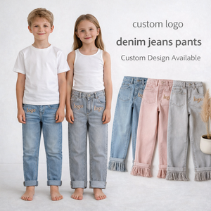 Jeans en denim à jambe droite pour enfants, avec franges à l'ourlet, effet délavé vintage, pour filles et garçons, personnalisation de <span class=keywords><strong>marque</strong></span> disponible - Product Image 2