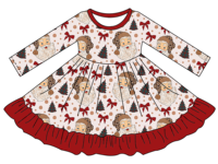 Meilleure vente Robe de Noël à manches longues imprimée Père Noël pour filles jupe évasée à volants pour enfants vêtements en bambou très doux