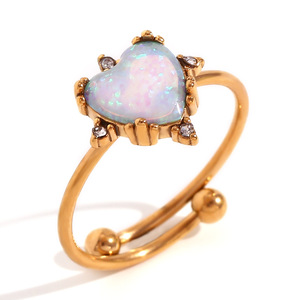 Vintage Synthetic <b>Opal</b> Open Adjustable 316L Stainless Steel <b>Ring</b> 18K <b>Gold</b> Plated Bohemian Fashion Finger Jewelry For Women - Product Image 1