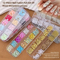 Boîte de 12 compartiments de strass en résine à dos plat pour nail art, couleurs assorties, origine Zhejiang, outils de nail art en gros