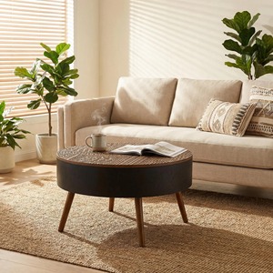31.5-inch Round Modern Wood Coffee <b>Table</b> with <b>Storage</b> Function Engraved Tabletop for <b>Small</b> Spaces Living Room Furniture - Product Image 1