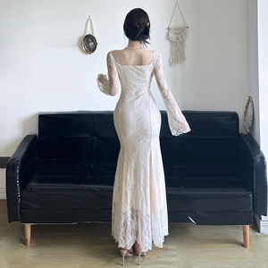 Robe de soirée sirène à manches longues en dentelle florale 3D de style français, élégante, taille cintrée, détail ruban - Product Image 6