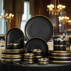 Luxury Matte Black Ceramic Stoneware Dinner <b>Set</b> Restaurant Grade Tableware with Metallic Edging Chip-Resistant Design Wholesale - Product Image 1