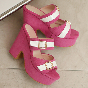 Sandalias de plataforma alta de gamuza para mujer, con tacón de cuña grueso, punta abierta, color liso y hebillas, para exterior - Product Image 4