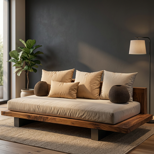 Sofá Cama Seccional de Madera Contemporáneo Minimalista, Tapizado en Tela, con Cojines, sin Respaldo ni Brazos, para Sala de Estar - Product Image 3