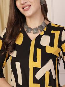 Kurta de algodón puro con cuello en V estampado geométrico negro y amarillo con Palazzos para mujer producto a granel ropa de mujer personalizada - Product Image 2