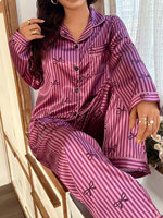 Promo! Set Piyama Satin Motif Pita Bergaris Magenta Ukuran Besar, Kemeja Kancing Lengan Panjang dengan Celana Panjang untuk Pakaian Rumah Musim Panas